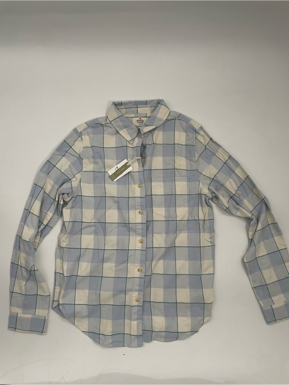 NWT Marine Layer Classic Light Blue and Cream Plaid Button-Down Flannel Shirt